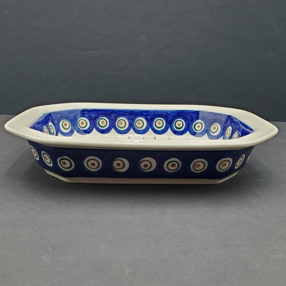 Polish Pottery Peacock Leaves 10" Baker Rectangular Octagonal BakingServing Dish - Picture 3 of 11